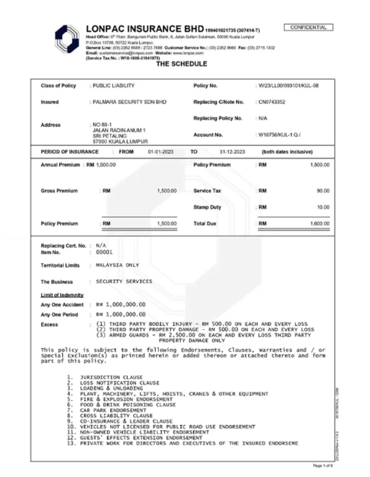 Public Liability Insurance, Underwritten by Lonpac Insurance Bhd